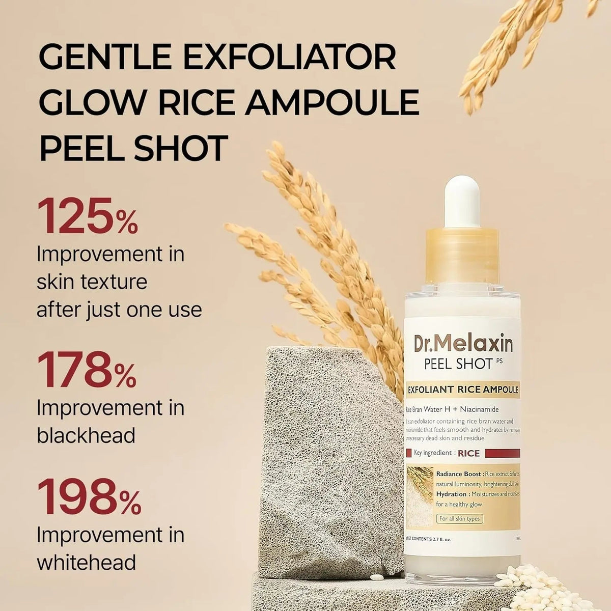Dr.Melaxin Body & Face Peel Shot Duo Glow Rice Peeling Ampoule Kojic Acid & Turmeric spray